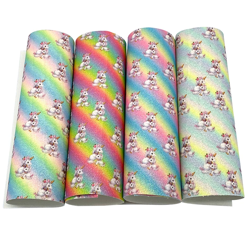 

XHT Rainbow Unicorn/Horse Printed Colorful Iridescent Shiny Fine Glitter Faux Leather Fabric Sheet For Christmas Decoration