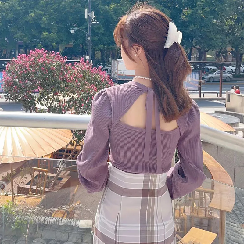 Элегантный пуловер с квадратным воротником на завязках сзади свитер в японском