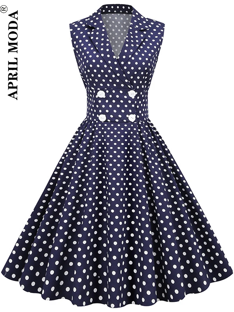 

2022 двубортные винтажные вечерние женские платья без рукавов 1950-х годов, облегающие платья в ретро-стиле с узором в горошек, 60s, расклешенные ...