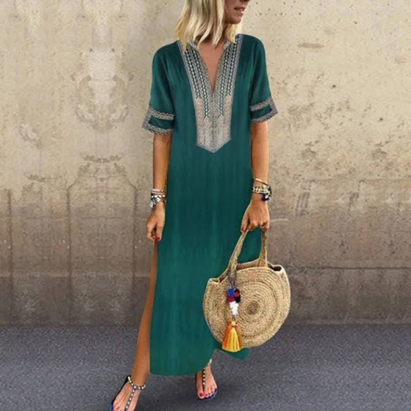 

2023 Summer Large Size Women's Dress Print V-neck Short Sleeves Loose Long Dresses Female New Beach Elegant Casual Lady Clothes