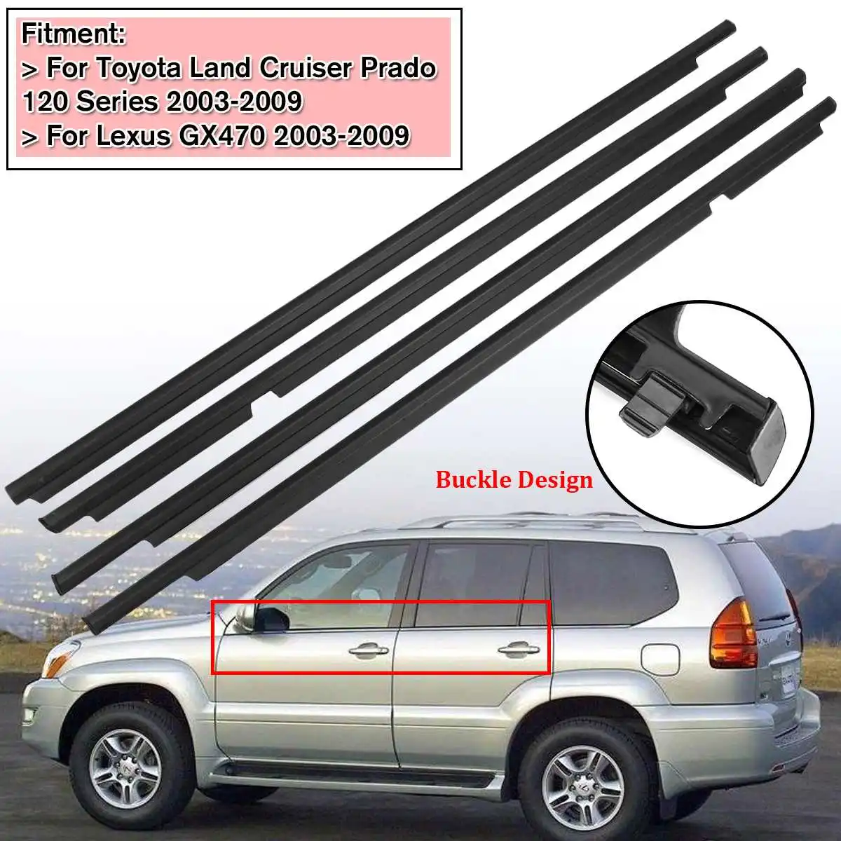 4Pcs Car Window Weatherstrips Door Belts Seal Weather Strips Trim Auto Seals For Toyota Land Cruiser LC120 Prado 2003-2009