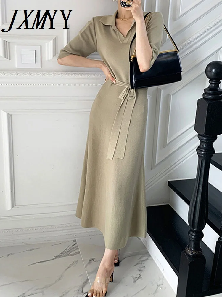 

Женское трикотажное платье до колен, элегантное Кружевное облегающее платье в литературном ретро-стиле с отложным воротником, весна-осень ...