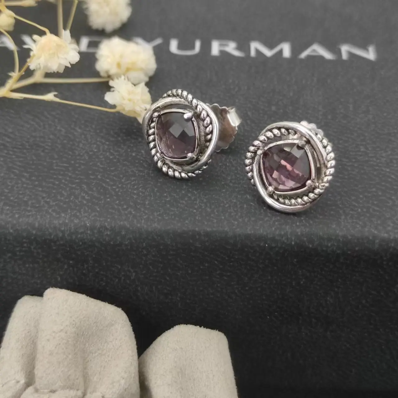 David Yurman Cable Classics Tetragonal Stone Earrings in Sterling Silver With Amethyst and Pave Diamonds Jewelers