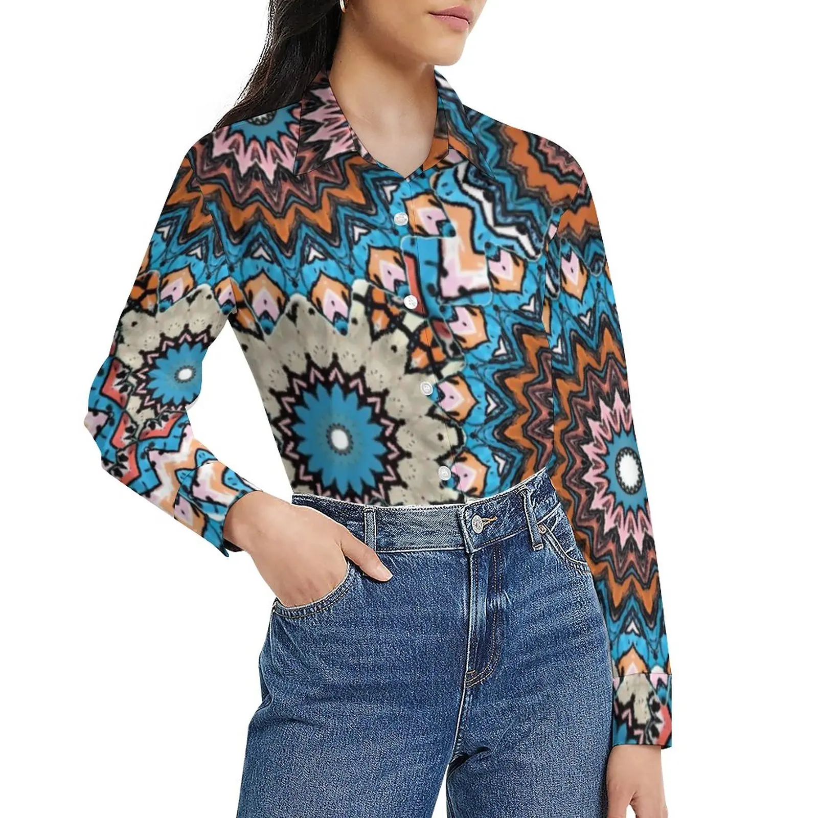 

Vintage Mandala Blouse Floral Print Office Work Printed Blouses Woman Street Fashion Shirt Autumn Long-Sleeve Oversized Top