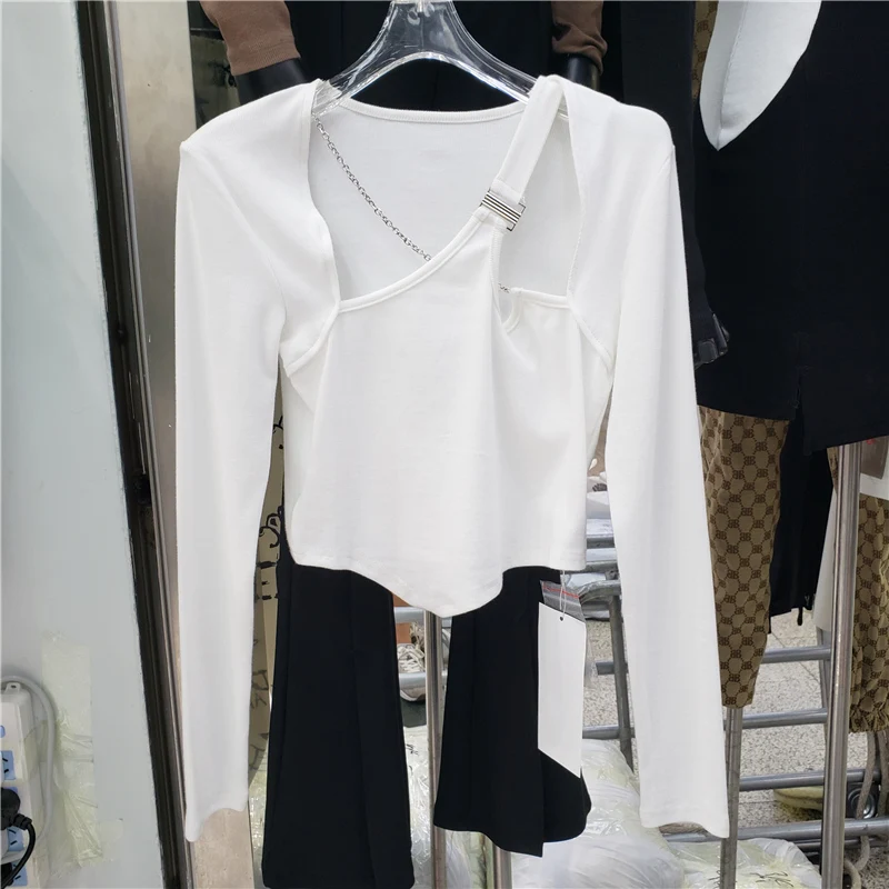 

SeeBeautiful Knitted T-shirt Asymmetrical Collar Long Sleeve Metal Chain Tops Women 2022 Summer Autumn New Fashion Tide Q663