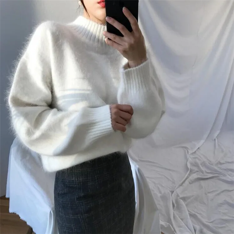 

Women White Furry Knit Sweaters Jumper Pullovers Loose Soft Fluffy Rabbit Hair Solid Sweater Female Cashmere Turtleneck Pullover