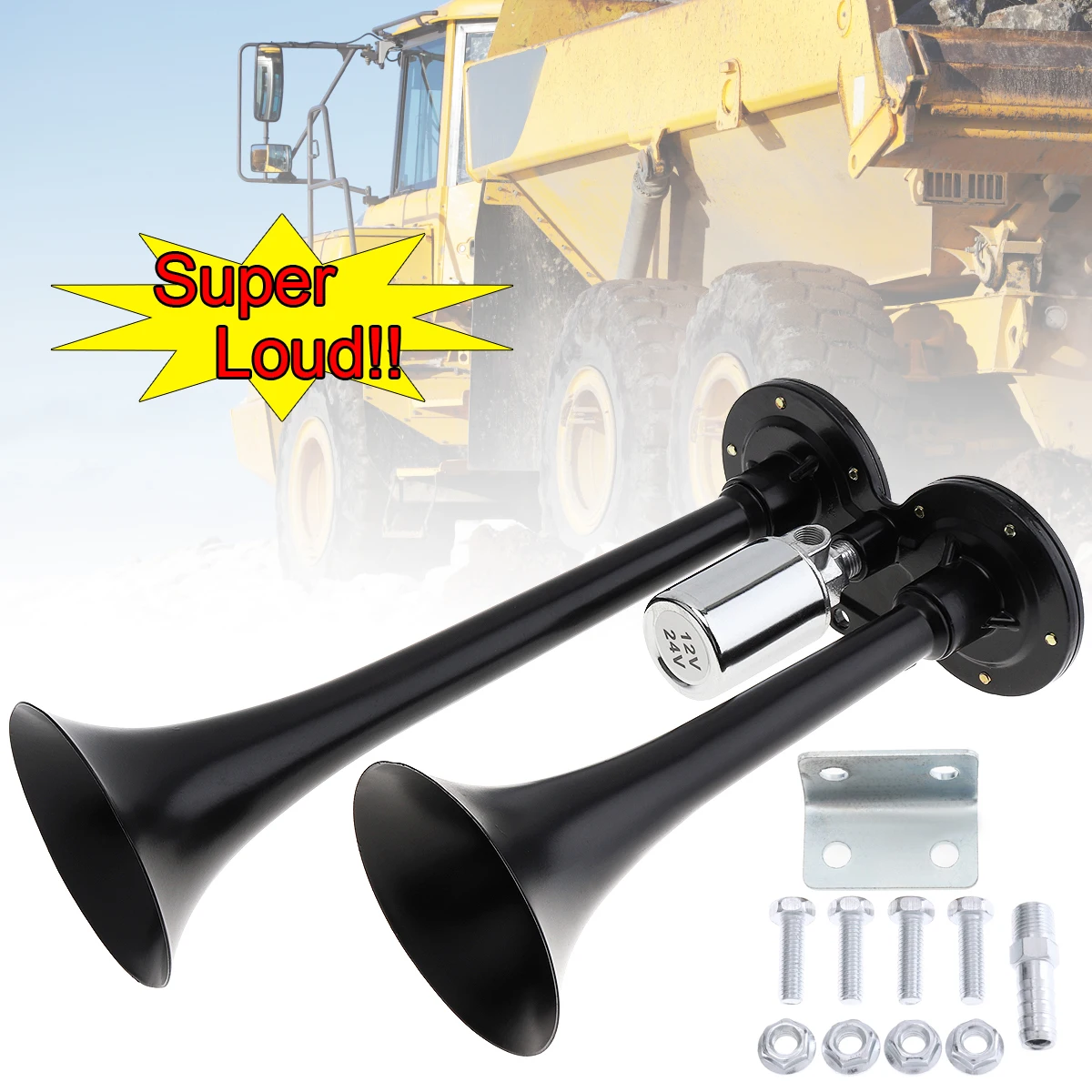 

12V 178dB Super Loud Black Dual Trumpet Electronically Controlled Car Air Horn for Trucks Cars Boats Motorcycles Vehicle Ships