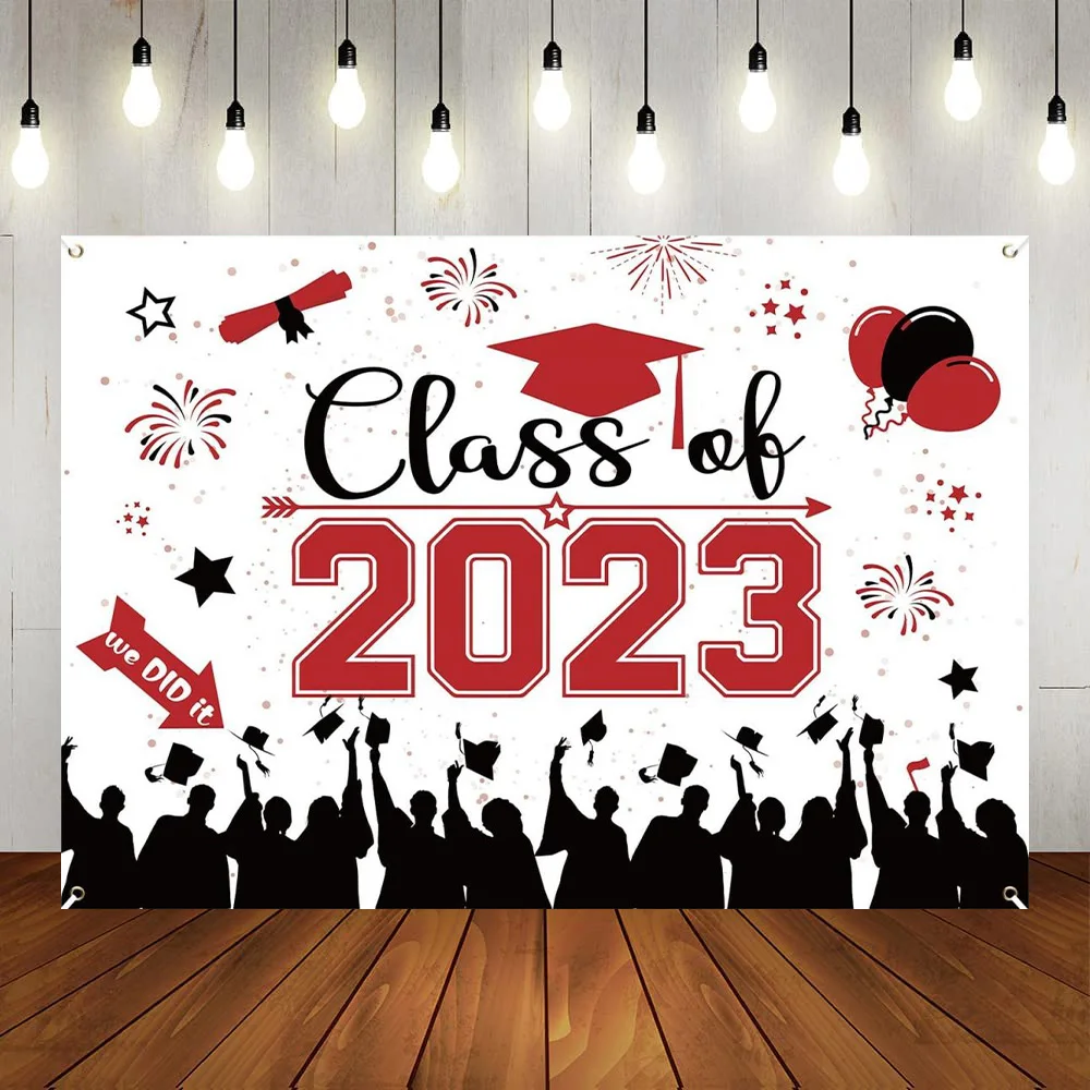

2023 Graduation Backdrop Banner Red Black Graduation Polyester High School College Graduation Party Decorations Photo Booth Prop