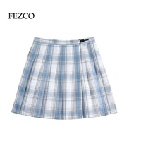 fezco summer blue plaid include bow tie women jk skirts korean fashion cute style mini skirts for girls kawaii skirts high waist