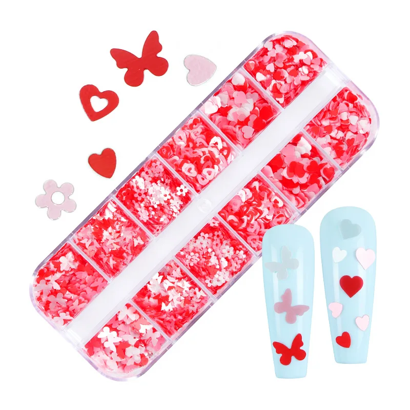 

12 Grids Mix Red Pink White Valentine's Day Love Heart Butterfly Plum Blossom Sequins Nail Art Pallitte Slice Manicure Decals