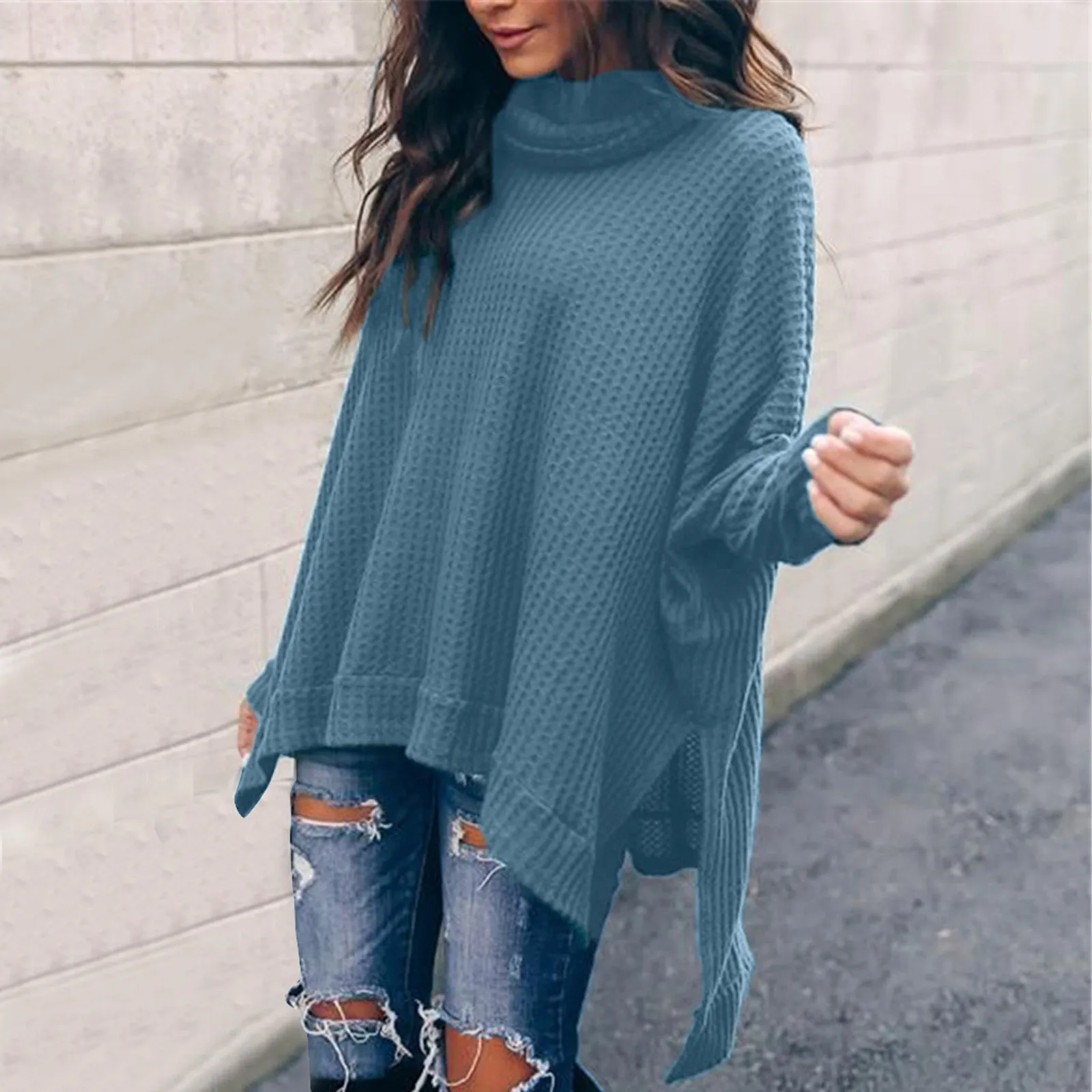Women Fashion Top Sweater Casual Knitted High Neck Shirt Long Sleeve Pullover Sweater Fuzzy Sweater Warm Womens Long Sweater