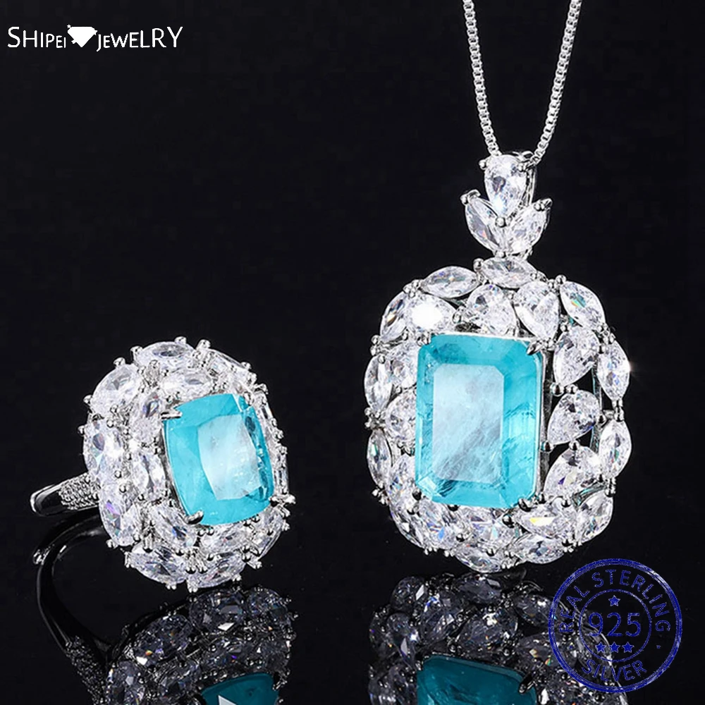 

Shipei Luxury 925 Sterling Silver 12*16 MM Created Moissanite Paraiba Tourmaline Gemstone Pendant/Necklace/Ring Jewelry Sets