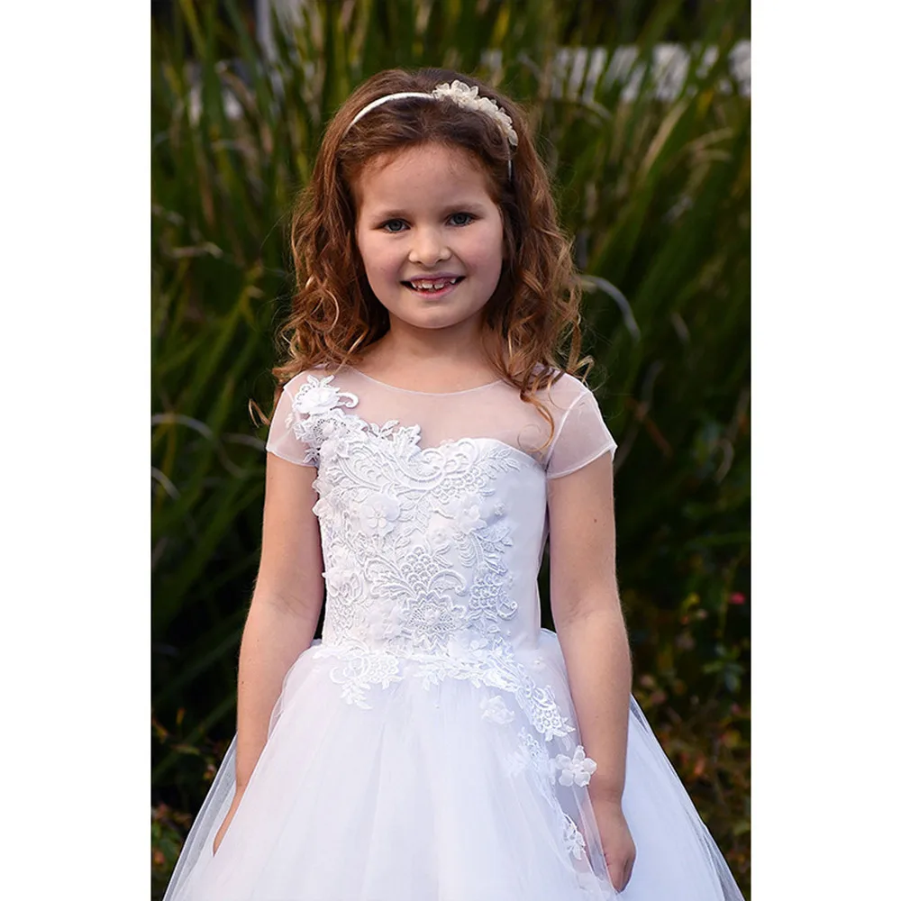 

New Ball Gown Flower Girl Dresses For Weddings Girls Princess Birthday Party Gowns Cap Sleeves Lace Appliques Kids Pageant Dress