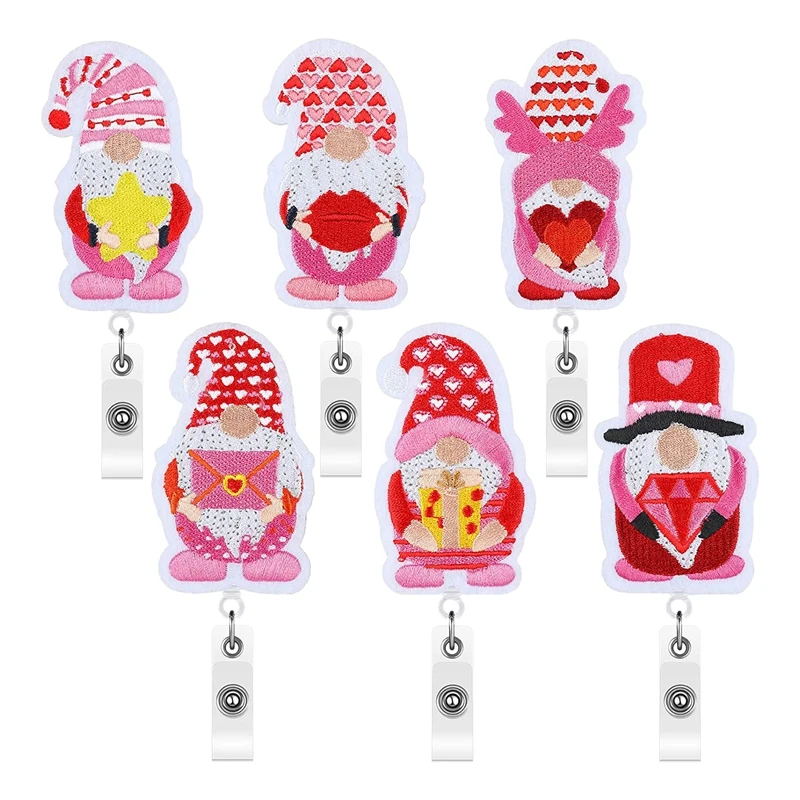 

6 Pcs Valentines Day Badge Reels Retractable Nurse Badge Reel Gnome Valentine's Day Gift Badge Holders for Her