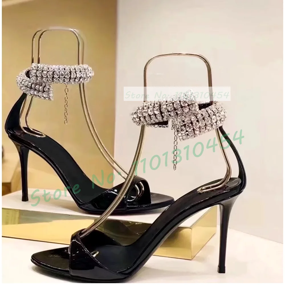 

Crystal Ankle Strap Heeled Sandals For Women Bling Gems Open Toe Patent Leather Shoes Ladies High Stiletto Heels Summer Sandals