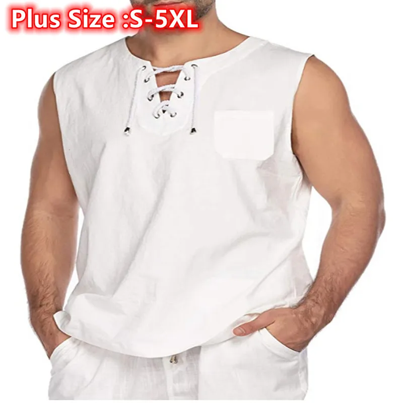 

Мужская свободная майка без рукавов, повседневная льняная футболка с круглым вырезом, размеры до 5XL, лето 2022