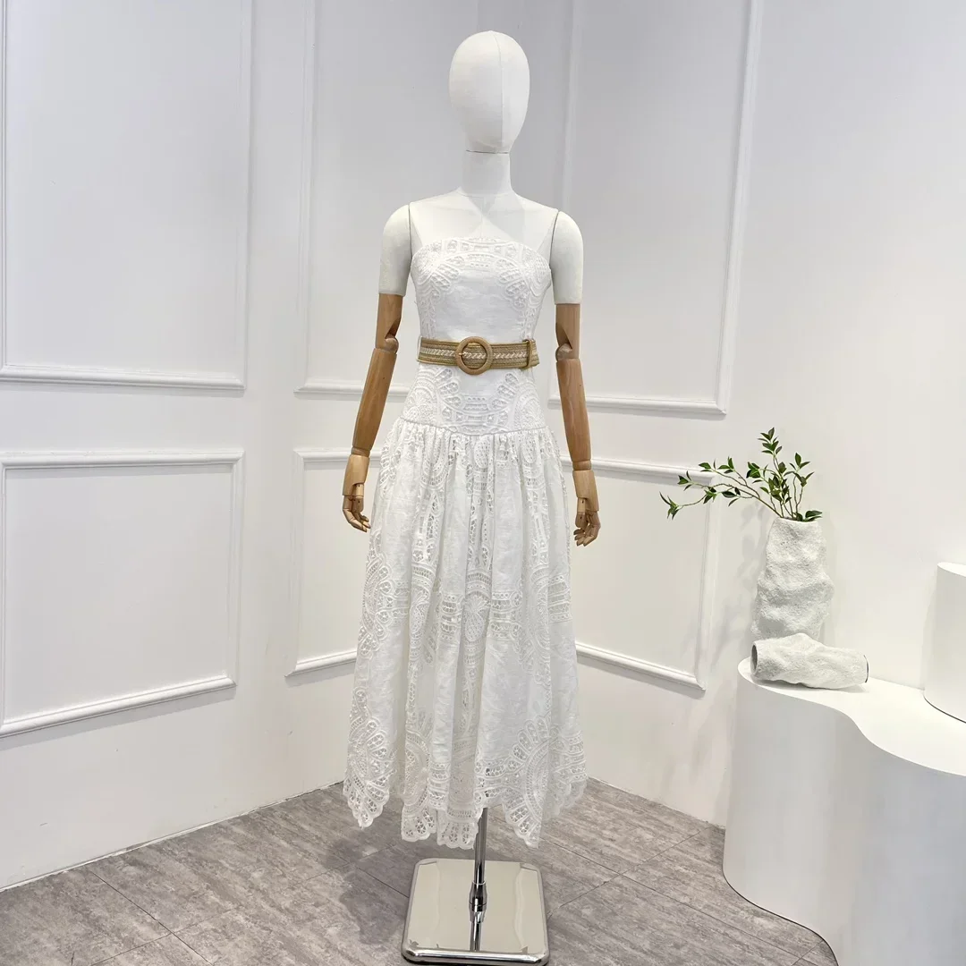 

2023 Linen Top Quality Summe Vintage Elegant Hook Flower Hollow White Sleeveless Elastic Shirred Back Belt Woman Midi Tube Dress