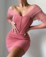 sexy pink mermaid party dress off the shoulder tulle long sleeve mini clubbing night gowns custom made short cocktail dresses