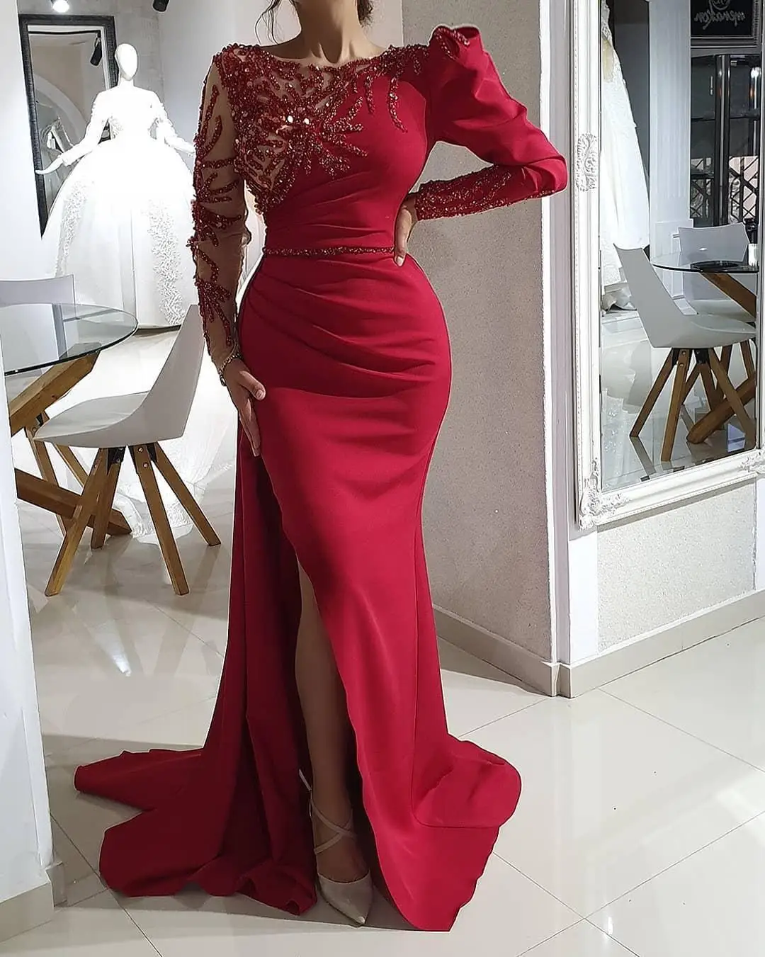 

Formal Prom Party Gown Mermaid Bateau Long Sleeve Floor-Length Sweep Train Beaded Crystal Sequins Applique Satin Illusion