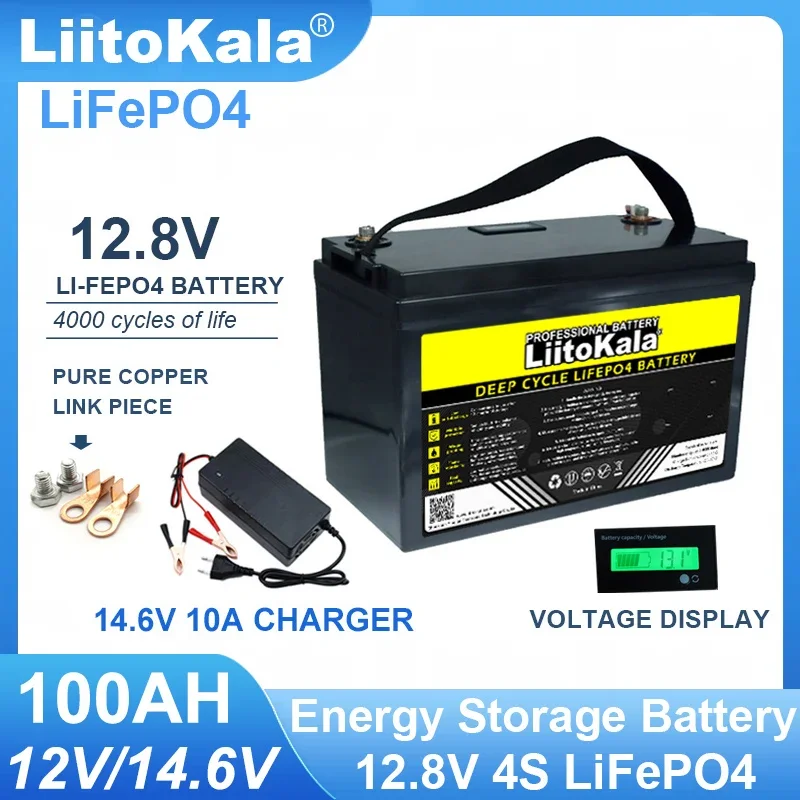 LiitoKala 12 8 В 100 Ач LiFePO4 аккумулятор 4 с литий-железо-фосфатный инвертор тележки для