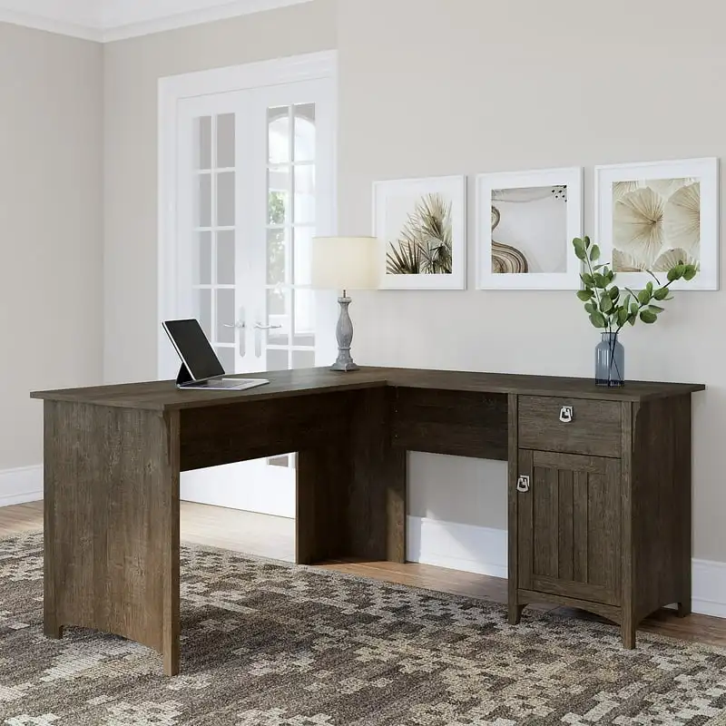 

Farmhouse 60W L Shape Computer Desk with Box Drawer and Storage Cabinet in Ash