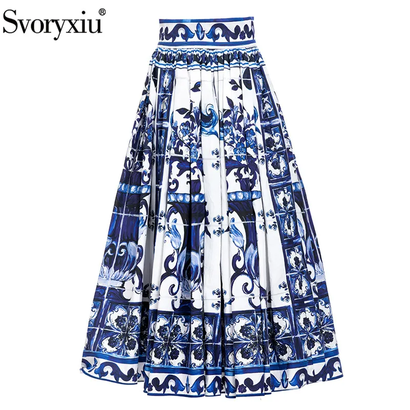 

Svoryxiu Fashion Summer Runway Vintage Cotton Skirt Women's High Quality Floral Print High Waist Slim Ethnic Party Midi Skirt
