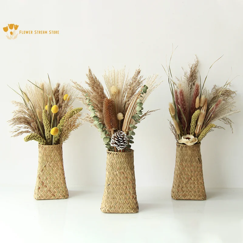 

Natural Dried Pampas Grass Bouquet Dry Flower Home Decor Arrangement Artificial Flowers Mix Eucalyptus Leaves Wedding Decoration