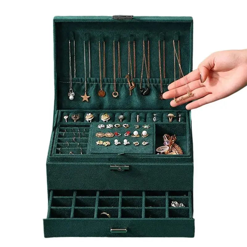 

Бархатная шкатулка для ювелирных изделий, 3-уровневый Органайзер с зеленым бархатным покрытием для ожерелья, шкатулка для украшений с замком для колец, рождественские украшения для часов и девушек