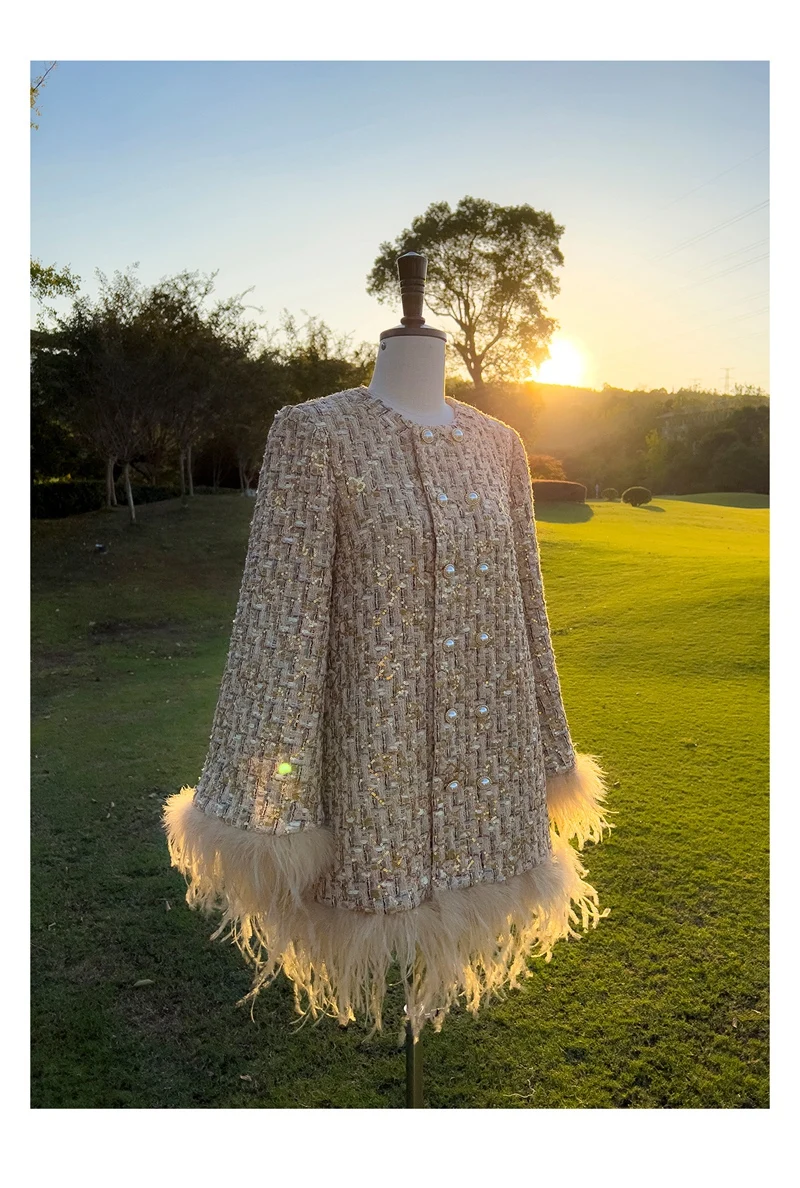 LingzhiWusis ранние зимние дизайнерские женские перья Лоскутные расклешенные рукава