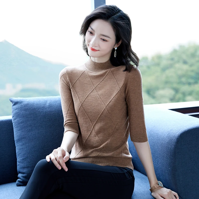 

Women's Merino Wool Tee Shirts 2022 Summer Female Thin Elastic Knitwear Tops Elegant Half Sleeve Ladies Knit Blouse Pullovers