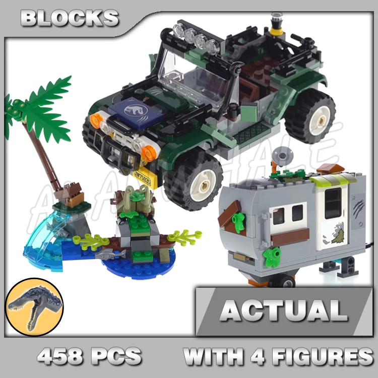 

458pcs Jurassic World The Treasure Hunt Baryonyx Offroader 11335 Model Building Blocks Dinosaur Gifts Kid Compatible With