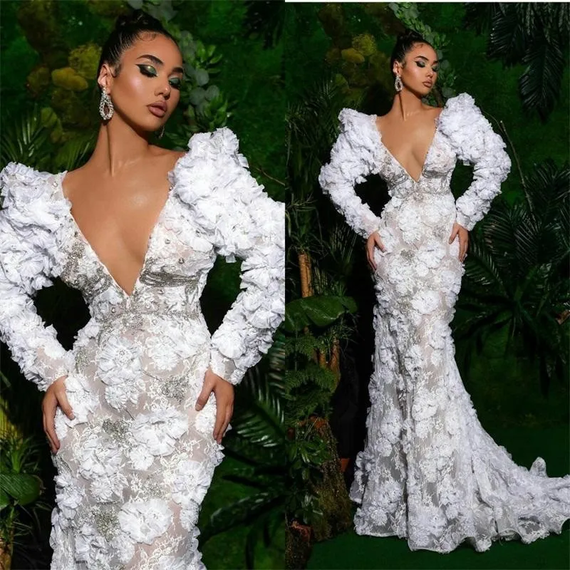 

Floral 3D Bridal Dress Mermaid Flowers See Through Appliques Bridal Gowns Beading Ful Sleeves Sexy Bride Dresses Customized
