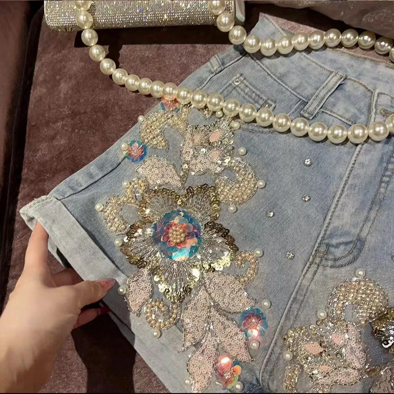 Korean Sweet Heavy Industry Beads Sequined Flower High Waist Denim Shorts Summer Shorts for Women's Loose Slimming Casual Shorts