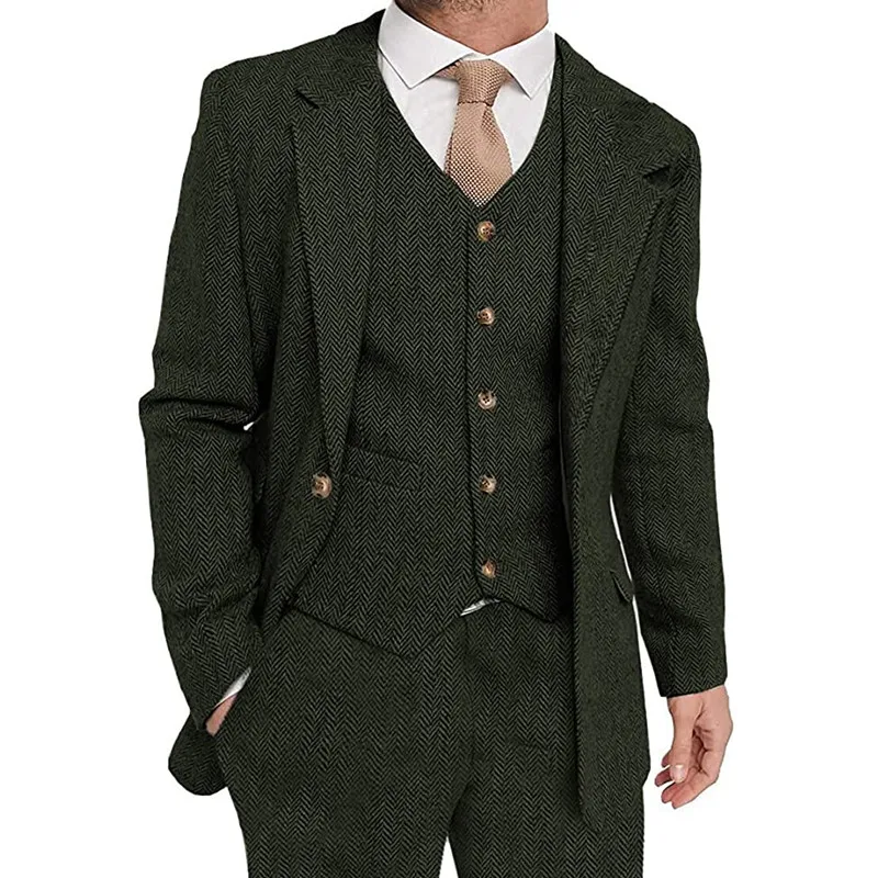Men's Three Piece Suit Herringbone Tweed Elegant Suit Notch Lapel Bussiness Suit  (Blazer+vest+Pants)