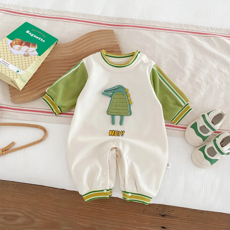 

Children's Clothing 2023 Autumn New Cartoon Dinosaur Jumpsuit Newborn Splicing Long Sleeve Outing Jumpsuit Baby Boy