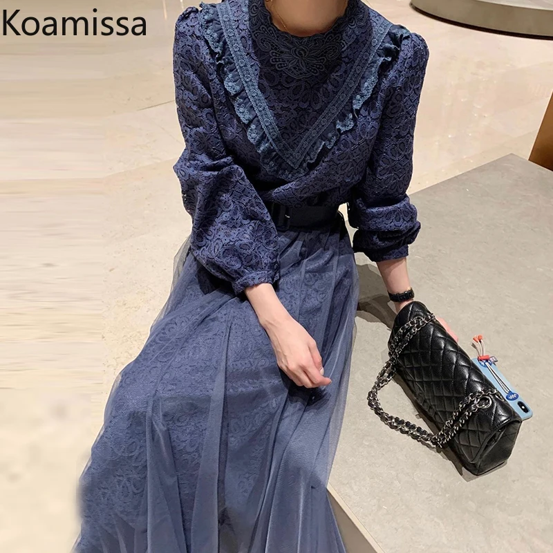 Koamissa Lace Retro Women Maxi Dress Long Sleeves O Neck A Line Dresses Female Fashion Lady Chic Korean Vestidos Dropshipping