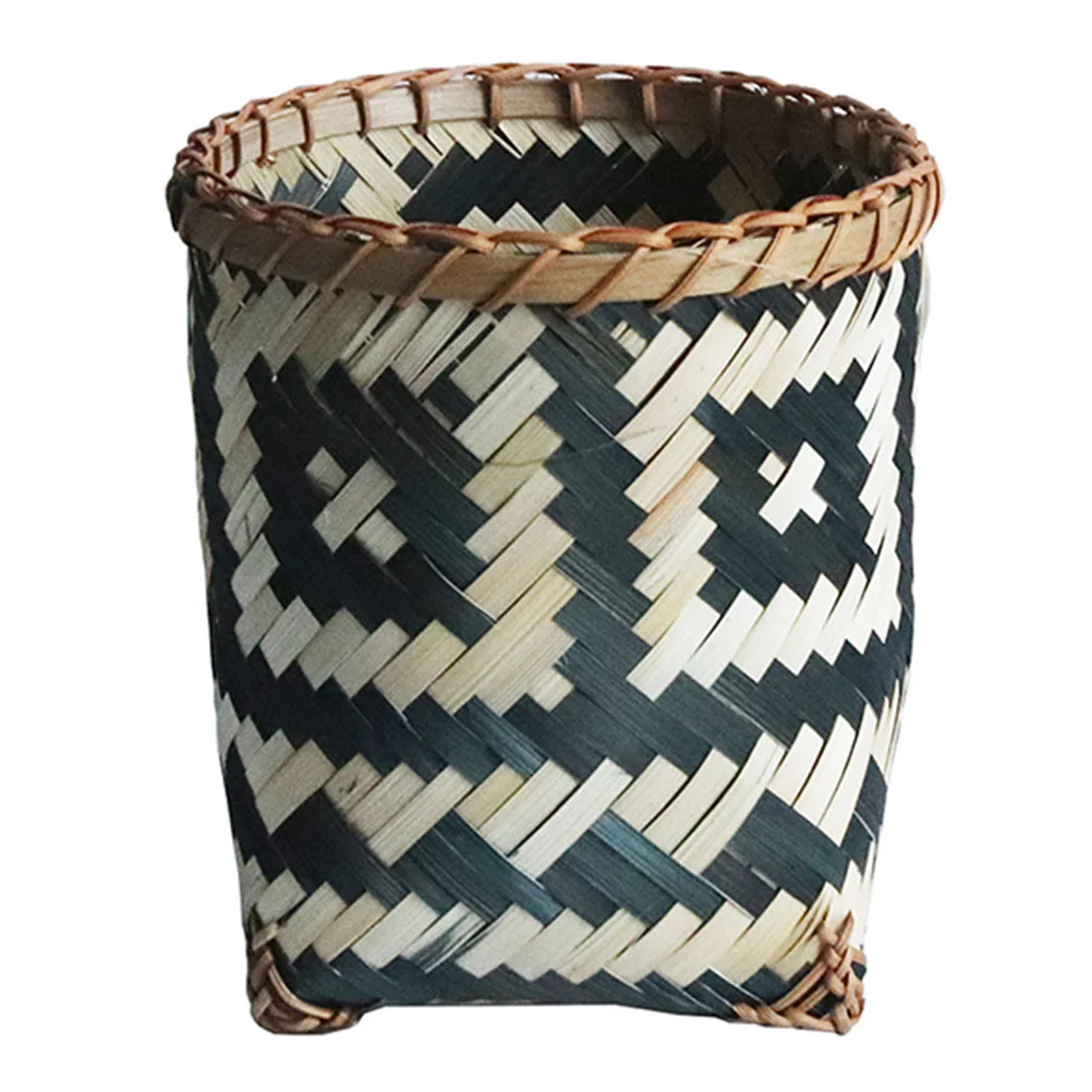 

Woven Seagrass Basket Bamboo Trash Can Laundry Hamper Retro Wastepaper Container