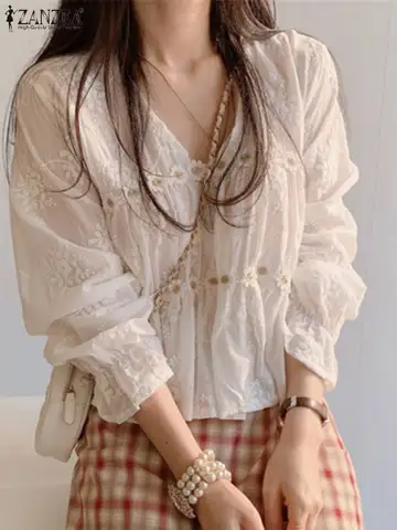 Корейские сетчатые универсальные топы ZANZEA, блузы, туника, кружевная белая хлопковая женская блузка 2024, летняя рубашка с длинным рукавом и цветочной вышивкой