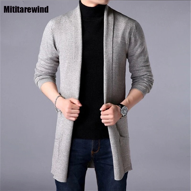 

Длинный кардиган для мужчин, модный Повседневный свитер в Корейском стиле, простой однотонный вязаный свитер с карманами, весна-осень