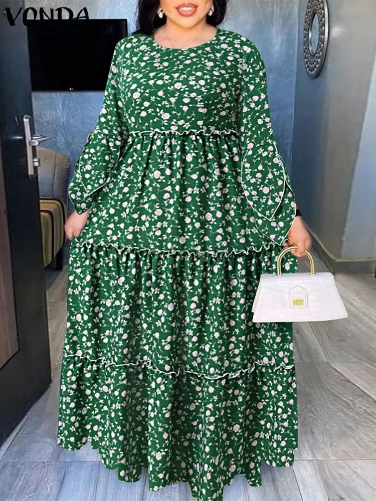 

VONDA Summer Maxi Sundress 2022 Women Long Flare Sleeve Floral Printed Dress Casual Party Vestido Loose A-Line Beach Dresses