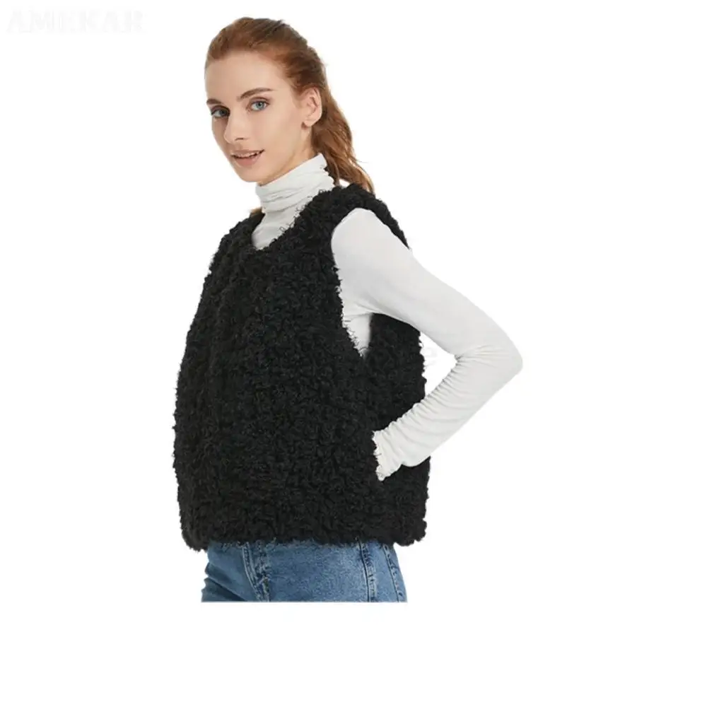 Women Winter Real Fur Sleeveless Vest Casual Warm Fluffy Pure Color Waistcoat Jacket For Girls Graceful Solid Design Coat