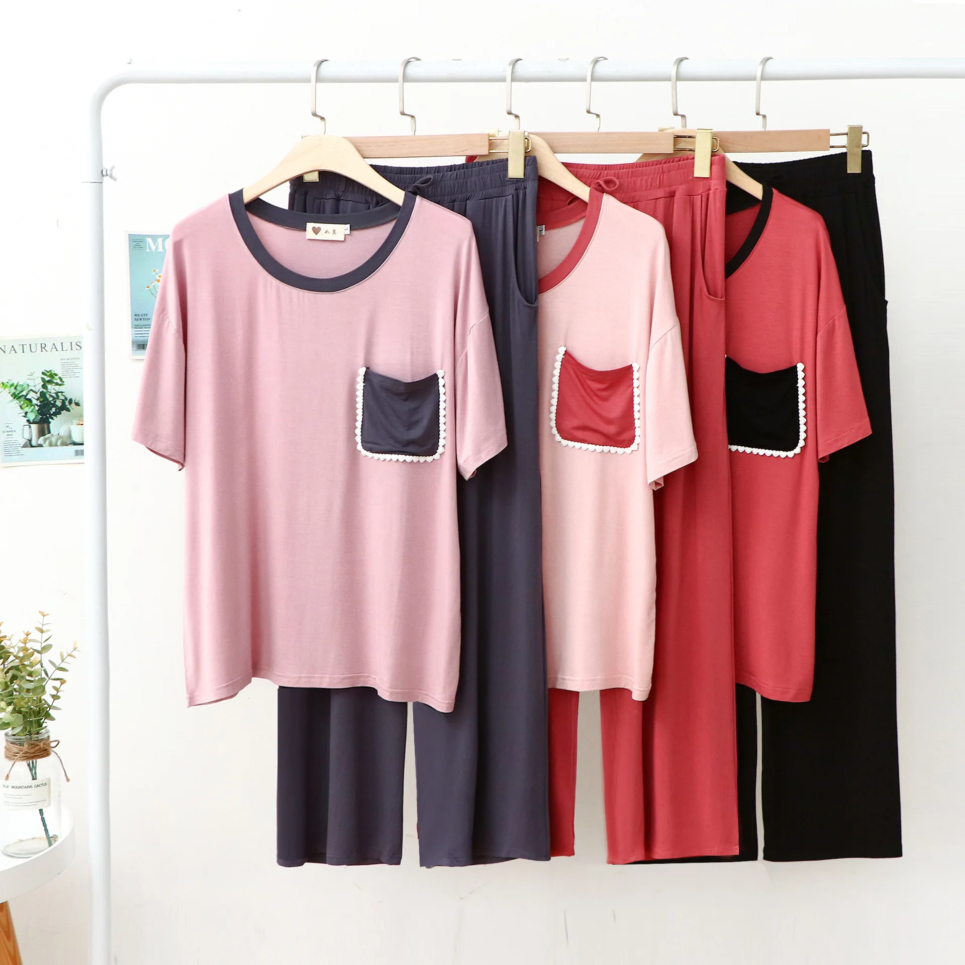 Modal Pajamas Set Women Home Wear Short Sleeve Trousers Contrasting Colors Round Neck Pocket Lace Show Temperament Leisure Suits