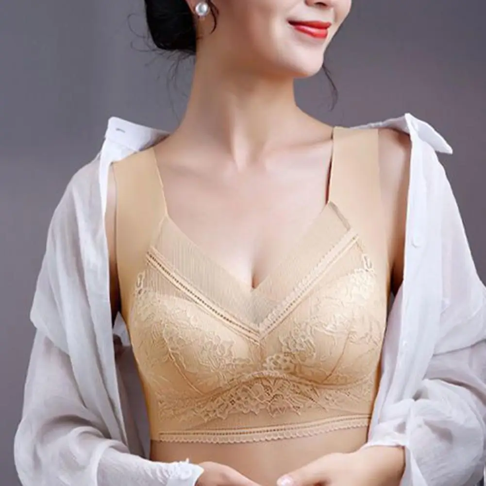 

Coverage Bra Flower Embroidery V Neck Mesh Women's Bra Seamless Breast Support with Wide Shoulder Straps Elegant Intimate
