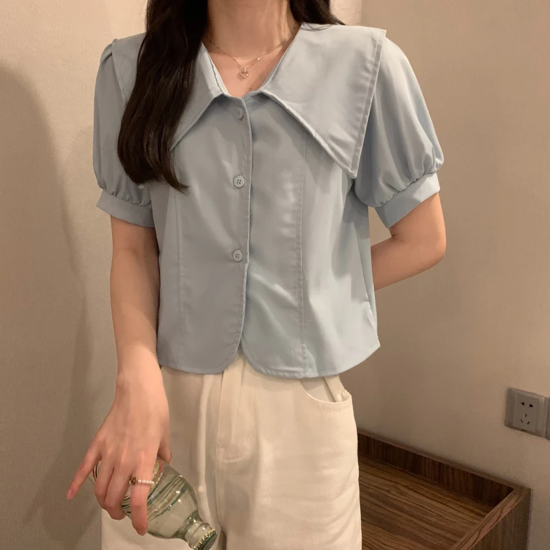 

2022 Summer New French Doll Collar White Shirts Women Tops Sexy Fashion Short Shirts Simple Style Fashion Clothes Boutique