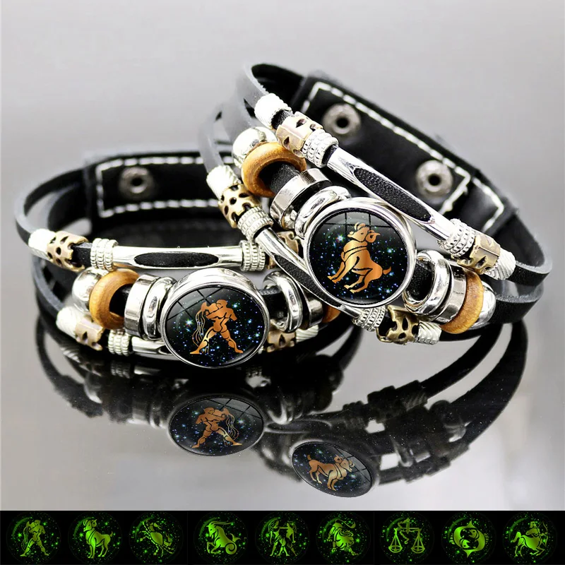 

Luminous 12 Constellation Bracelets for Women Fashion Zodiac Sign Charms Cancer Gemini Leo Black Leather Bracelet Birthday Gifts