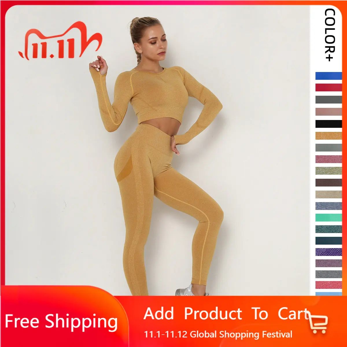 

New Pleated Seamless Yoga Suit Set for Women's High Waist Slim Tight Sports Long Sleeve Fitness Yoga Pants Two-piece Set