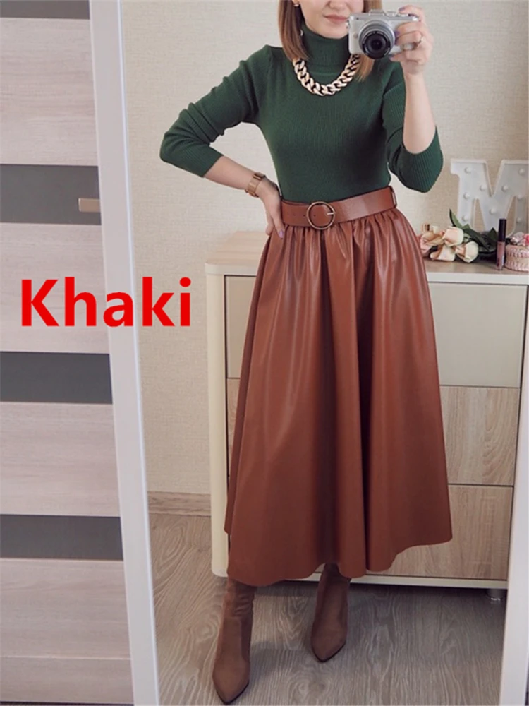 Осенне-зимняя элегантная юбка-трапеция из искусственной кожи с высокой талией -