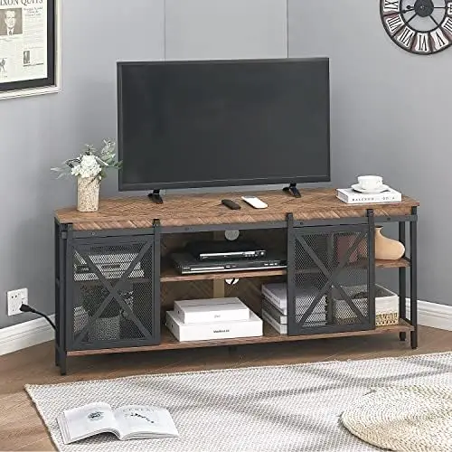 

TV Stand for TVs Up to 60 Inch, TV Console Table with Storage Cabinets, Modern Corner TV Stand with Power Outlet, Industrial TV