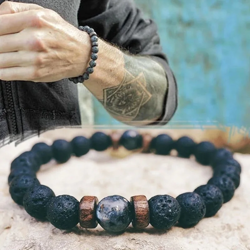 

Volcanic Stone Bracelet for Men Lava Wooden 8mm Beads Bracelet Tibetan Buddha Wrist Chain Women Men Jewelry Gift New Bracelets