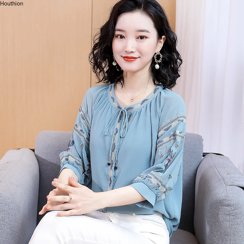 

Women's Blouses Printing Casual Shirt O Collar 3/4 Sleeve Korean Fashion New Summer Lady Top